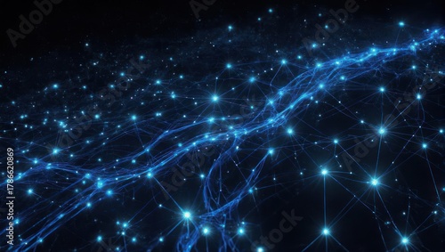 Abstract digital network of glowing blue dots and lines in space.