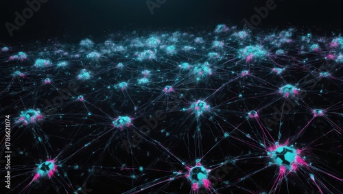 Abstract Network of Interconnected Nodes with Glowing Blue and Pink Light.