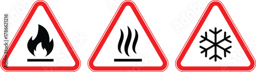 Set of hazard warning signs: fire hazard, hot surface sign, cold temperature safety symbol