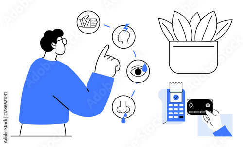 Man explores sensory icons representing touch, smell, sight, and taste next to plant, payment terminal, and hand holding card. Ideal for education, technology, interaction learning healthcare