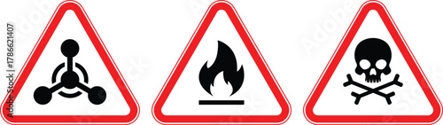 Warning hazard signs set: chemical hazard, flammable material sign, skull danger symbols