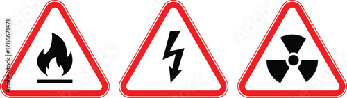 Set of hazard warning signs: flammable material sign, electrical hazard, radiation dangers symbol. Vector illustration