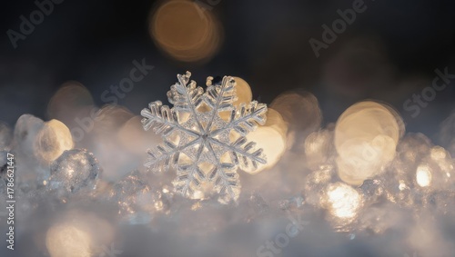 Beautiful Snowflake Macro Photography with Bokeh Lights.