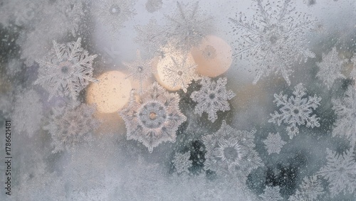 Beautiful Winter Wonderland Background with Sparkling Snowflakes and Bokeh Lights.