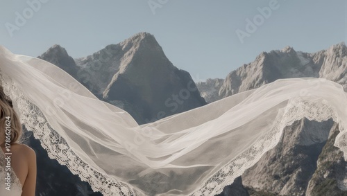 Brides veil dances in the wind against majestic mountain peaks.