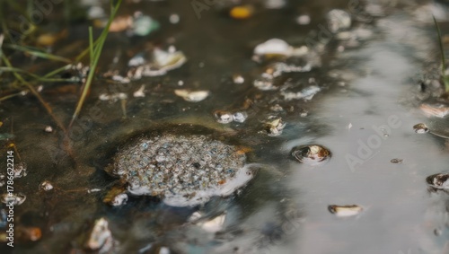 Close up of a frog egg mass floating in murky water with debris.