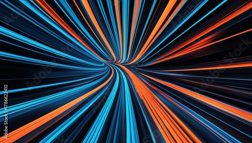 Abstract tunnel of light with vibrant blue and orange streaks