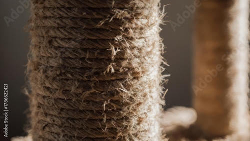 Close-up of a textured rope-wrapped cat scratching post.