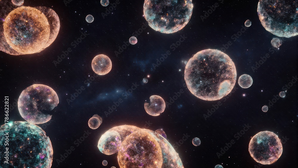 Naklejka premium Cosmic Bubbles - A Celestial Dance of Spherical Nebulae in Space.