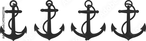 Set of vintage anchor silhouettes vector illustration, nautical marine symbols for sea travel, sailor, navy, ship and ocean adventure themed design