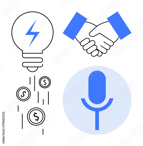 Lightbulb with coins, handshake, and microphone representing creativity, business deal, and communication. Ideal for innovation, teamwork, finance, podcast negotiation leadership entrepreneurship