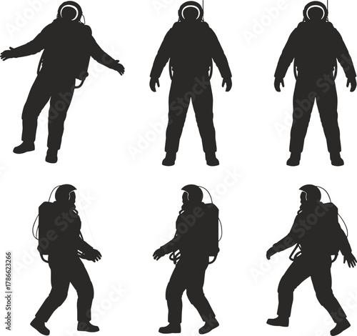 Set of astronaut silhouette vector illustrations, space suit exploration design, cosmic adventure concept, astronaut walking and floating poses for science and technology themes