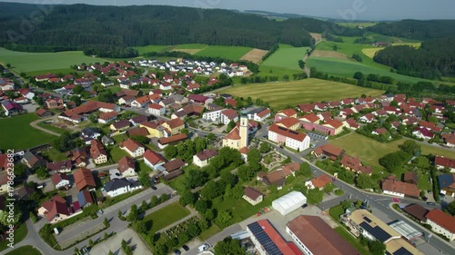 Aerial view around the village Schorndorf in Germany., Bavaria on a sunny afternoon in spring.