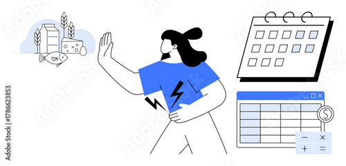 Woman refusing various food products with raised hand, lightning bolt symbol on shirt, calendar, spreadsheet with financial calculation. Ideal for health, dietary planning, budgeting, nutrition