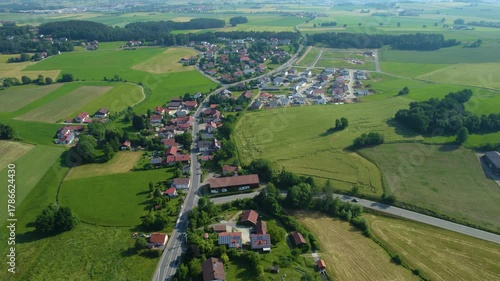 Aerial view around the village Radling in Germany., Bavaria on a sunny afternoon in spring.