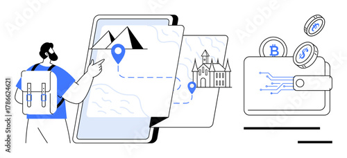 Backpacker navigating destinations on layered digital maps alongside cryptocurrency in a wallet. Ideal for travel, navigation, digital finance, technology, innovation, remote work, future economy. A