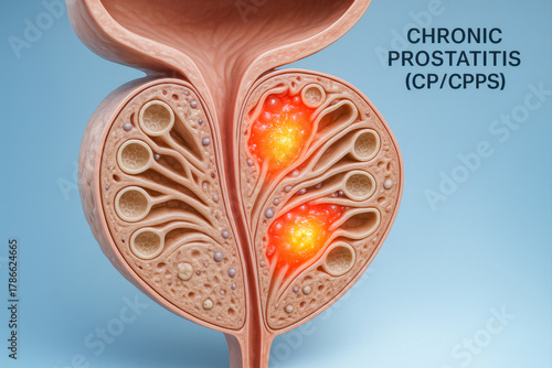 High-detail 3D medical illustration of chronic prostatitis (CP/CPPS), showing inflamed glandular structures and infection zones inside the prostate.
