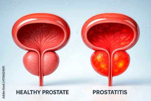 Medical 3D illustration comparing a normal prostate with one affected by prostatitis, showing swelling, inflammation, and infection symptoms.
