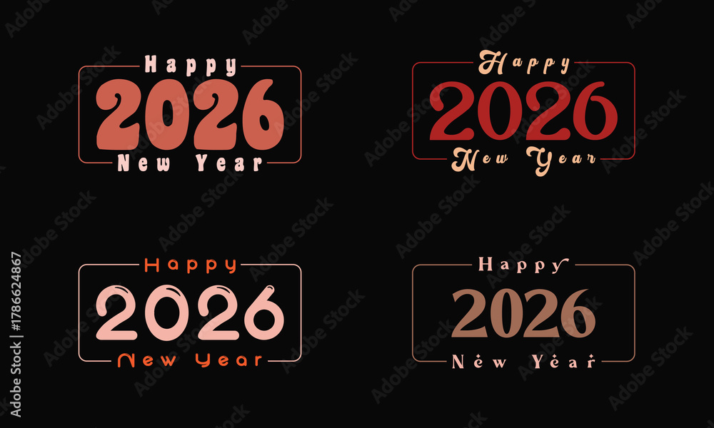 Fototapeta premium 2026 Happy New Year Vector Pack: Diverse, colorful, modern typography bundle.