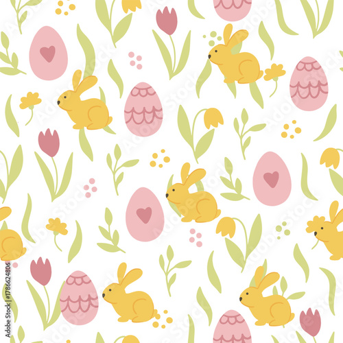 Colorful Easter bunny with eggs and flowers. Easter basket with eggs and sheep. Easter parity and pattern. Easter background for postcard, banner.	