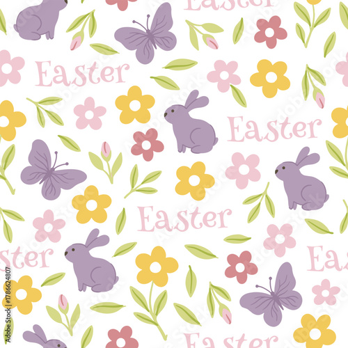 Colorful Easter bunny with eggs and flowers. Easter basket with eggs and sheep. Easter parity and pattern. Easter background for postcard, banner.	