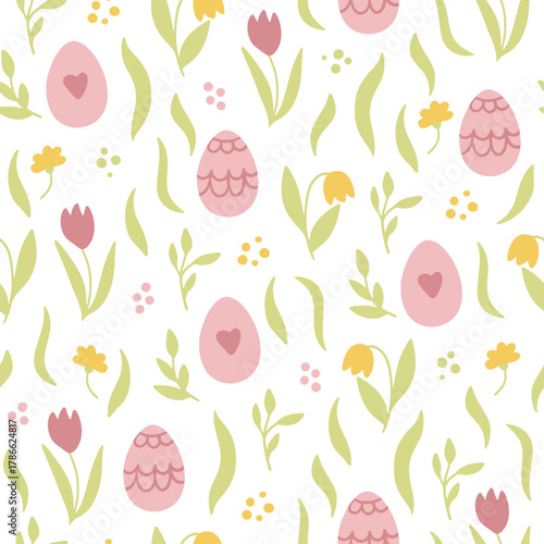 Colorful Easter bunny with eggs and flowers. Easter basket with eggs and sheep. Easter parity and pattern. Easter background for postcard, banner.	