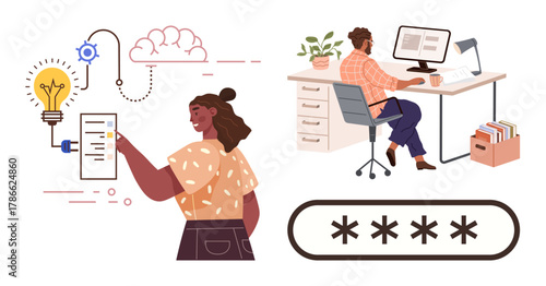 Woman interacting with innovation workflow man working at desk on computer. Ideal for productivity, creativity, teamwork, innovation, technology, cybersecurity, knowledge. Modern simple flat