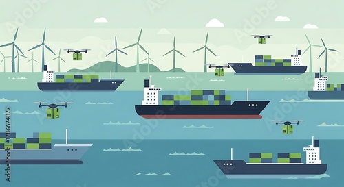 Sustainable shipping port. Seaport with wind turbines along coast. Cargo ships, Renewable sustainable energy sources.
