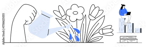 Hand pouring water on blooming flowers, symbolizing growth and care. Woman working on laptop atop books, reflecting education, creativity, development. Ideal for education, growth, nurturing