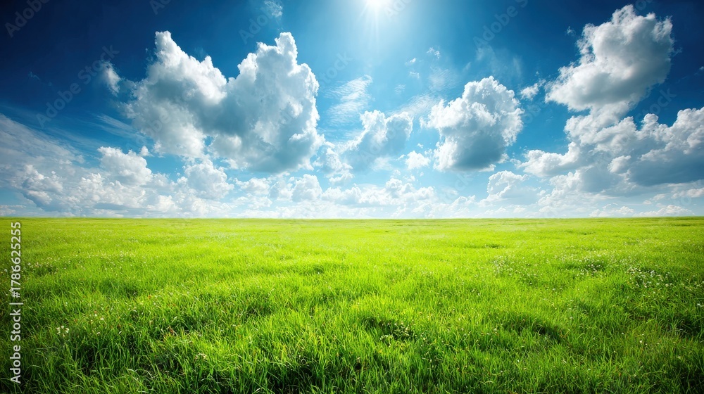 Fototapeta premium Expansive bright green meadow stretches towards a vivid blue sky filled with fluffy white clouds under intense sunlight.