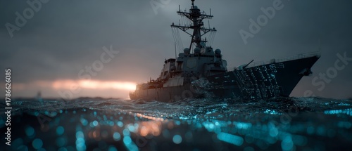 Epic navy destroyer launching missile amidst troubled waters. Human robot. Warship in action: missile emerges from vessel on high-stakes military mission. Machine learning. Ai evolution.