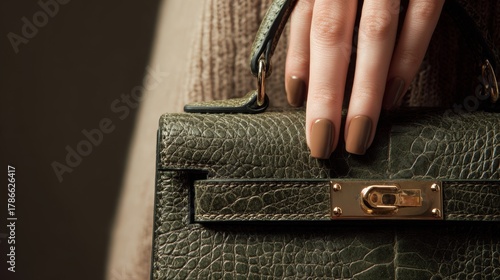 Elegant green handbag held by a perfectly manicured hand in a stylish setting during an upscale fashion event