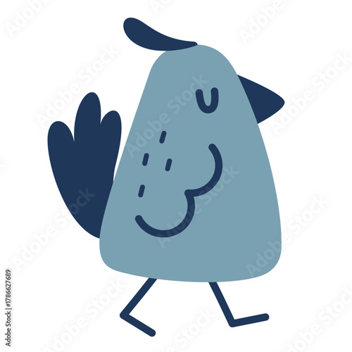 Cute whimsical cartoon blue bird. Funny cartoon doodle character. Handdrawn vector illustration isolated on white background