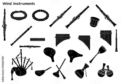 Black and white silhouette collection of various wind instruments and other objects