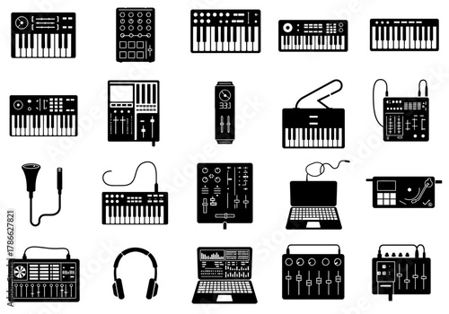 Black silhouette icons of electronic music production gear arranged in a 4x7 grid