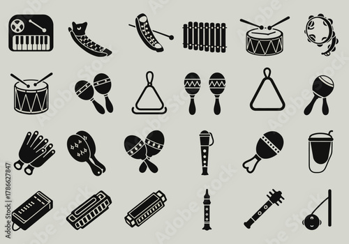 Black silhouette icons of various musical percussion and wind instruments on a light gray background