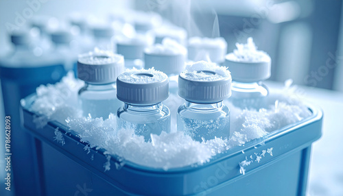 Cold Storage Precision: Rows of vials are meticulously preserved amidst a blanket of ice in a climate-controlled environment, showcasing the critical nature of scientific preservation.