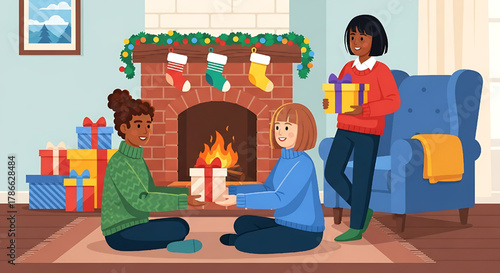 Festive Holiday Gathering with Presents by Fireplace Illustration
