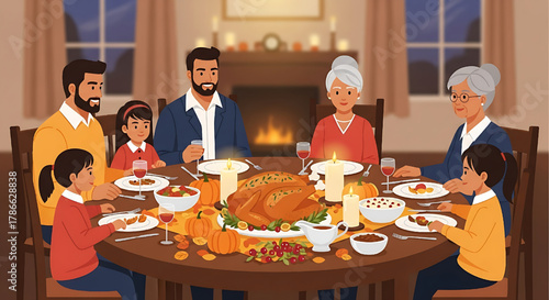 Thanksgiving Dinner Celebration with Family Illustration