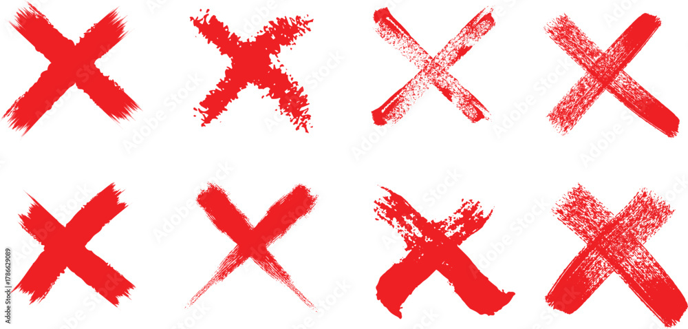 Fototapeta premium Eight red hand drawn x marks of various sizes and styles on a white background