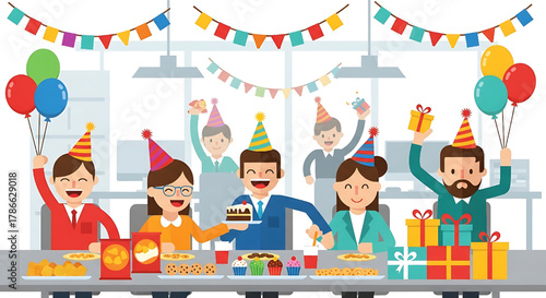 Office Birthday Party Celebration with Cake and Balloons