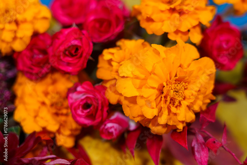 Bright flowers in vibrant colors create a cheerful display for celebration
