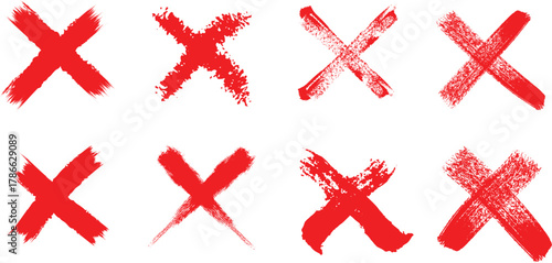 Eight red hand drawn x marks of various sizes and styles on a white background