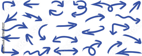 Collection of hand drawn blue arrows in various directions and styles on a white background