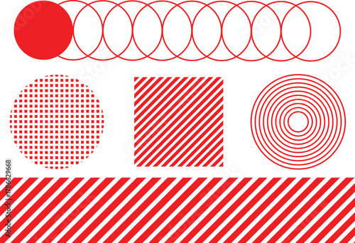 Abstract geometric patterns in red and white with circles squares and stripes creating a modern design