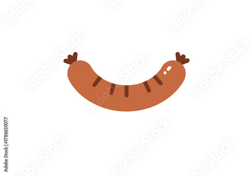 A curved grilled brown sausage with dark grill marks on a white background