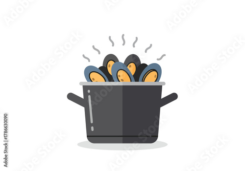 A dark grey pot filled with steaming open blue and orange mussels on a white background