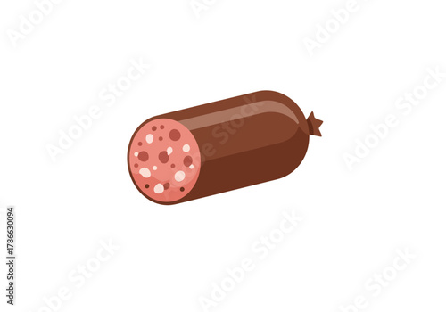 A cartoon illustration of a dark brown sausage link with a pink mottled crosssection