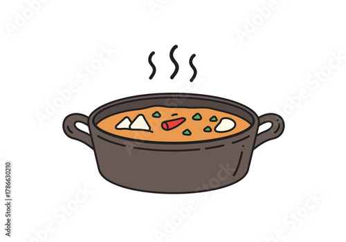 Illustration of hot stew in a dark brown pot with steam rising