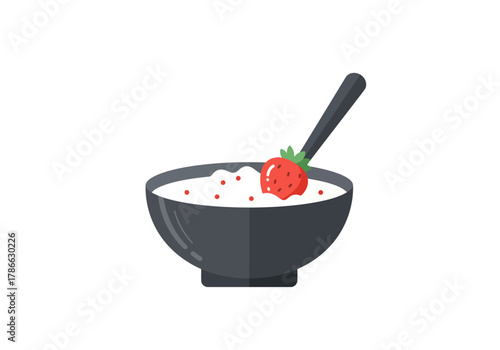 Gray bowl of white substance with strawberry and spoon